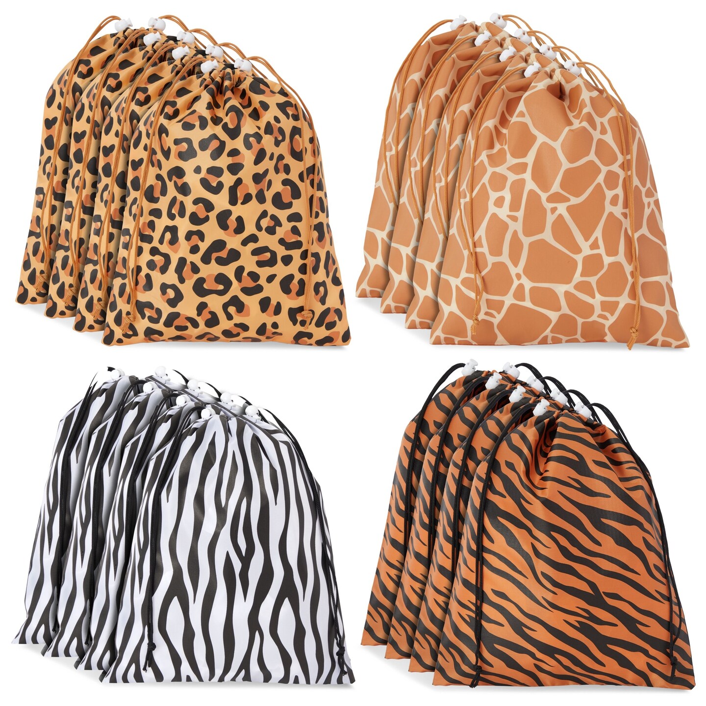 12 Pack Animal Print Drawstring Gift Bags for Jungle Safari Birthday Party Favors, Goodies, Treats (4 Designs, 10 x 12 In)