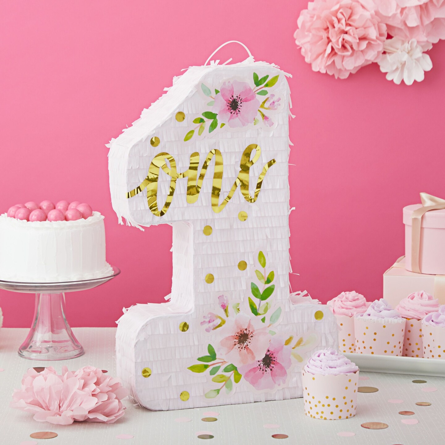 Pink Floral Number 1 Pinata for Girl&#x27;s 1st Birthday Party Decorations, Gold Foil &#x22;One&#x22; and Hibiscus Print Designs (16.5 x 11 x 3 In, Small)