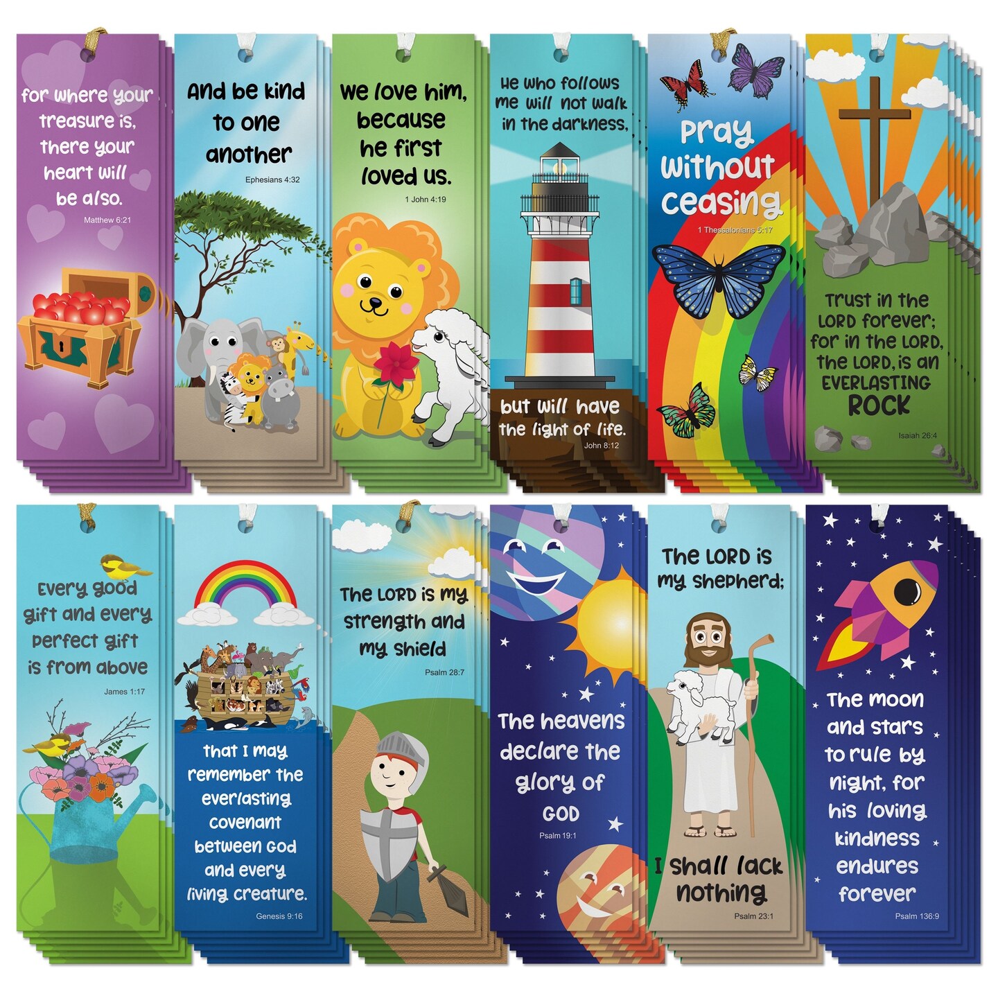 72 Pack Christian Bookmarks Bulk, Religious Scripture, 12 Bible Verse Quotes for Kids (6 x 2 In)