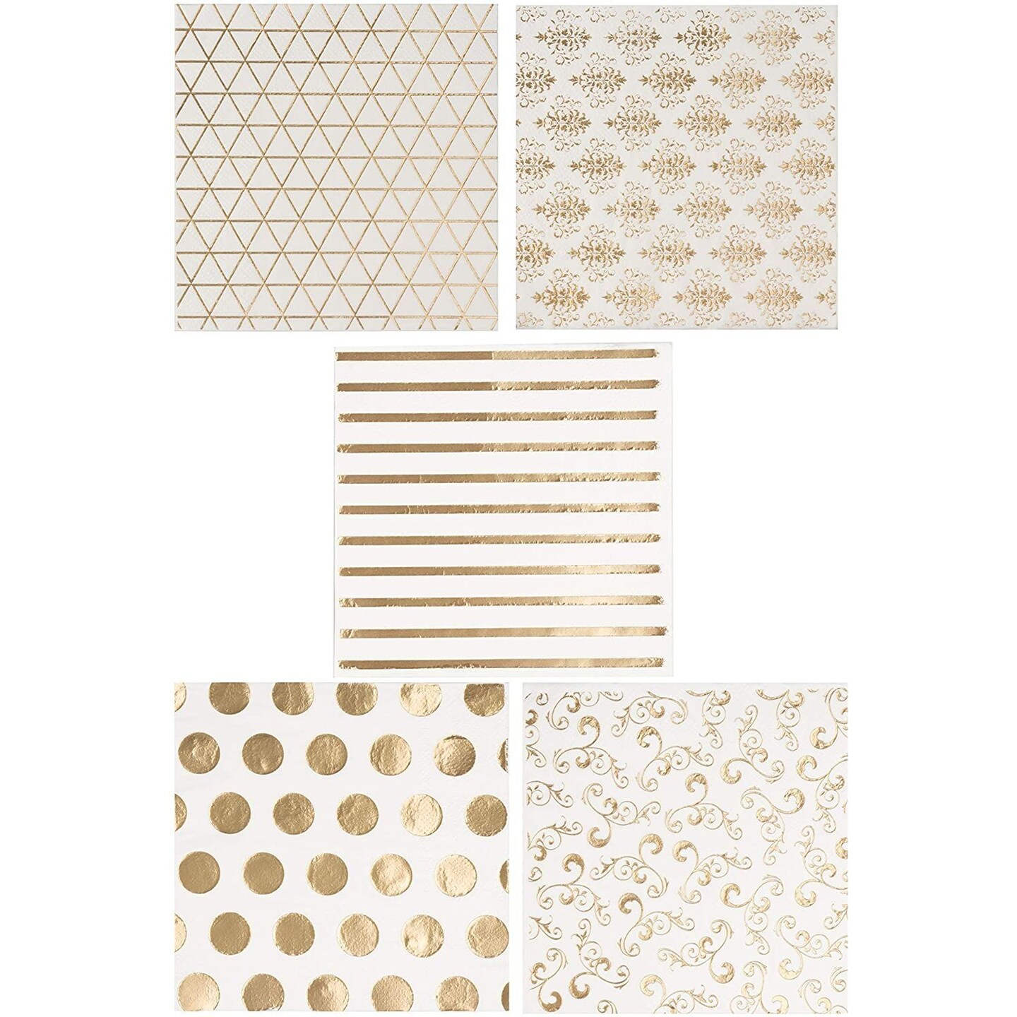 BLUE PANDA 100 Pack White and Gold Paper Disposable Cocktail Napkins for Wedding Reception, Birthday, 5x5 In
