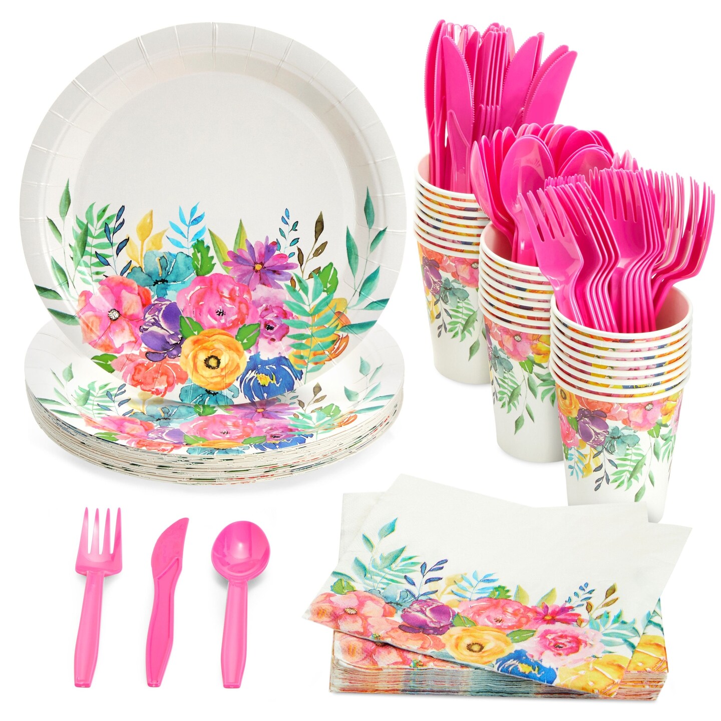 144 Piece Flower Tea Party Supplies, Serves 24 Includes Disposable Floral Paper Plates, Cocktail Napkins, Cups, Cutlery For Baby Shower, Birthday, Wedding