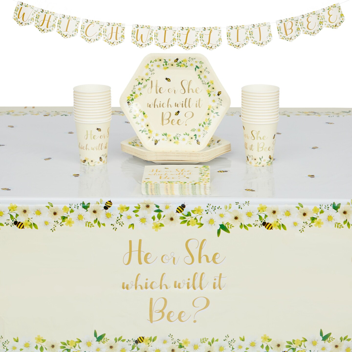 Gender Reveal Bee Theme Party Pack, He Or She What Will It Bee (Serves 24, 75 Pieces)