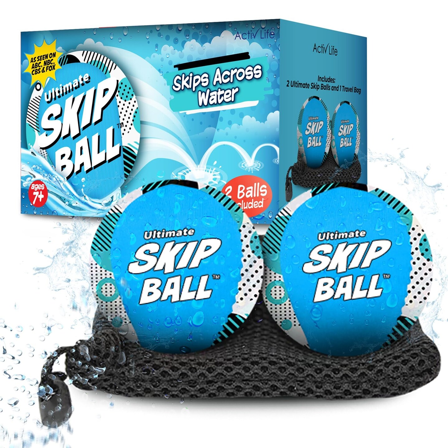 Activ Life 2 Pack Ultimate Skip Ball, Summer Toy for Kids, Beach Games, Birthday Gifts for Teens, Adult and Family, Swimming Pool Diving Toys Water Balls (Blue Spots)