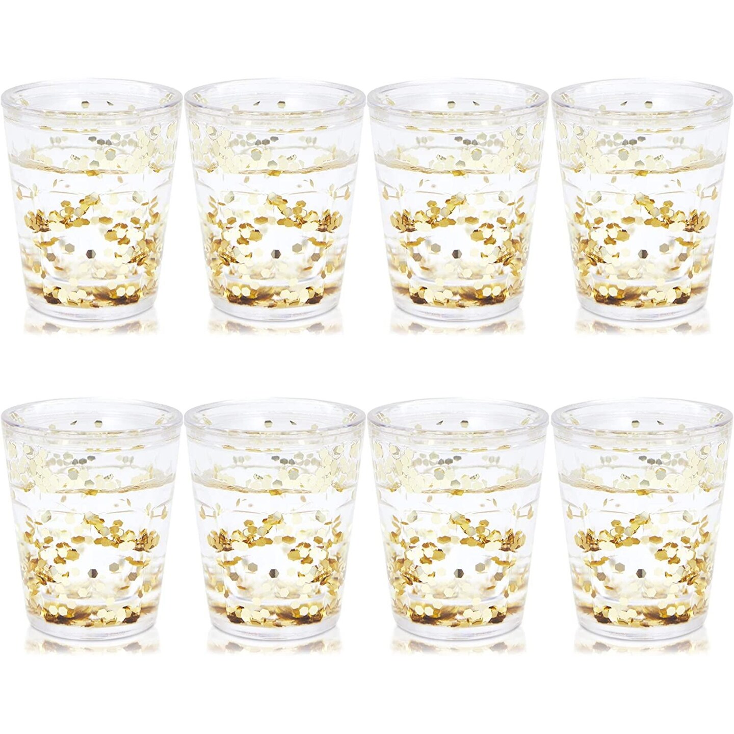 Set of 8 Pretty Gold Shot Glasses with Glitter for Girls Birthday, Holiday Party, Bachelorette (1.5 Oz)