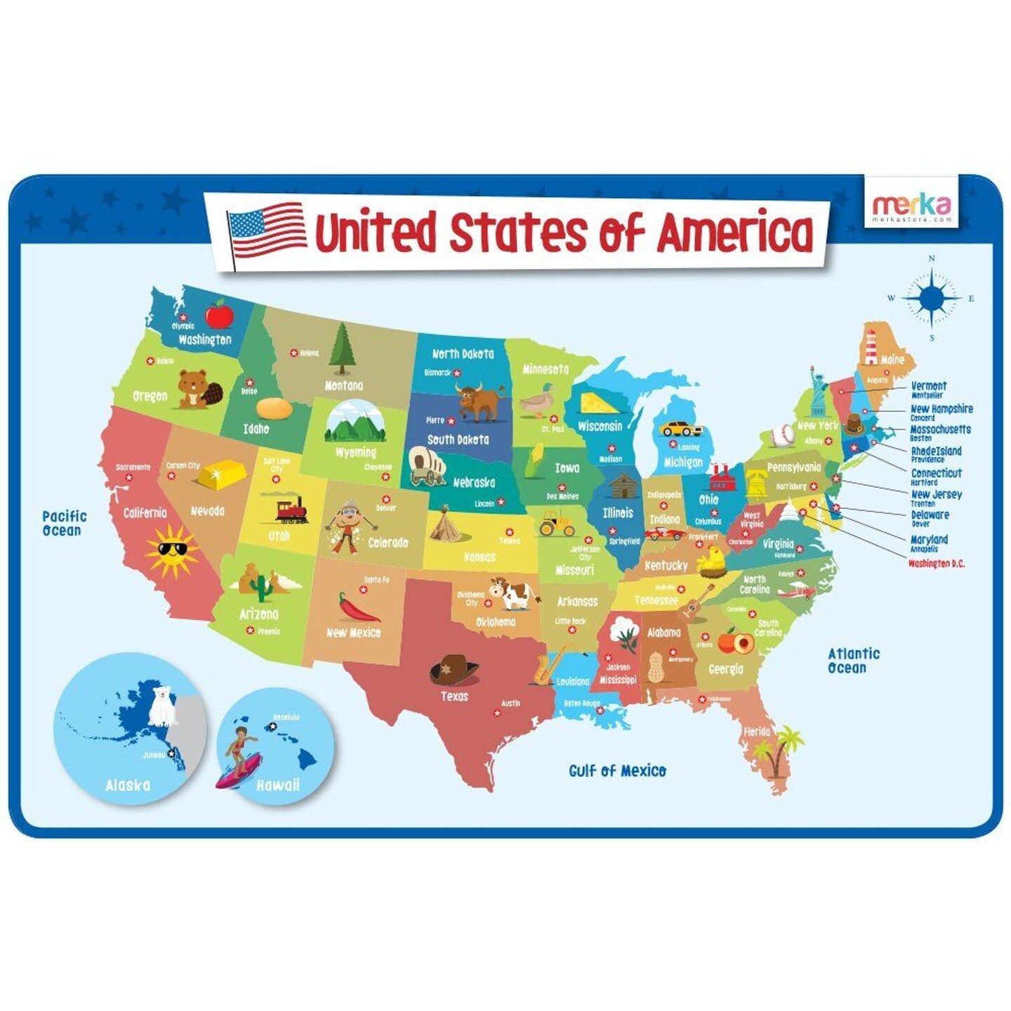merka Kids Placemat Silicone Placemat Map Placemats For Kids Reusable US Geography Map and The Capitals of All 50 States
