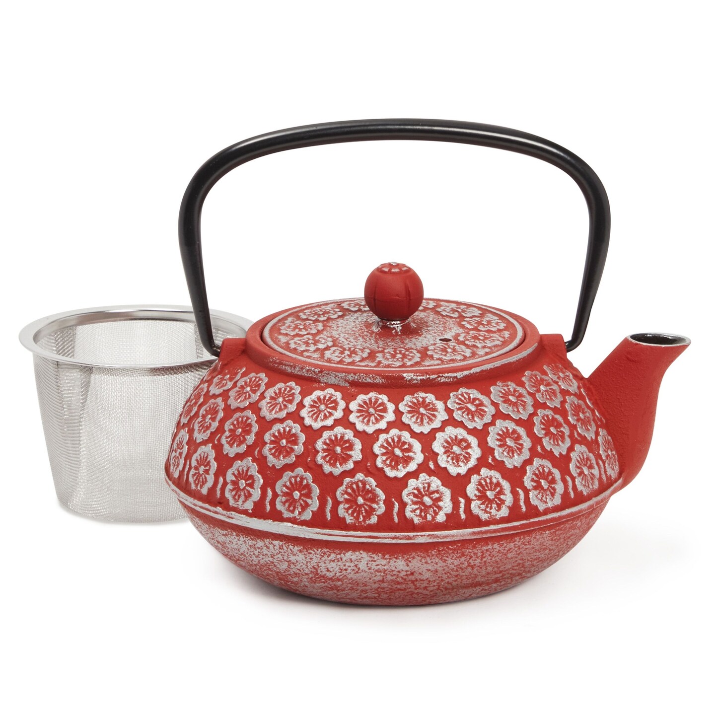 Red Floral Cast Iron Teapot Kettle with Stainless Steel Loose Leaf Infuser (34 oz)