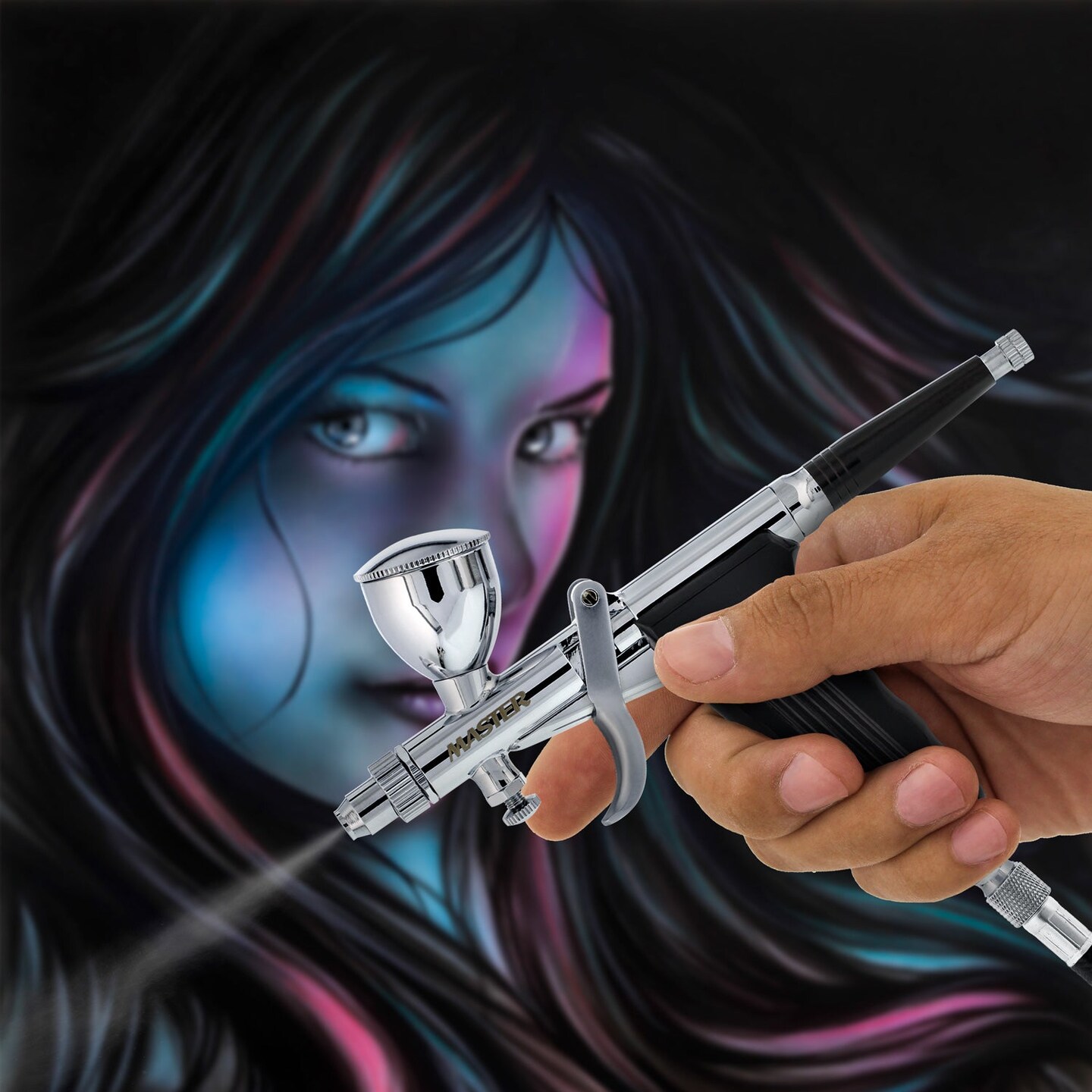 G77 Pistol Trigger Fixed Dual-Action Gravity Feed Airbrush, 2 Nozzle Sets (0.3 &#x26; 0.5mm), Spray Gun Fan Head, Round Pattern Head, 3 Cup Sizes, 6&#x27; Hose