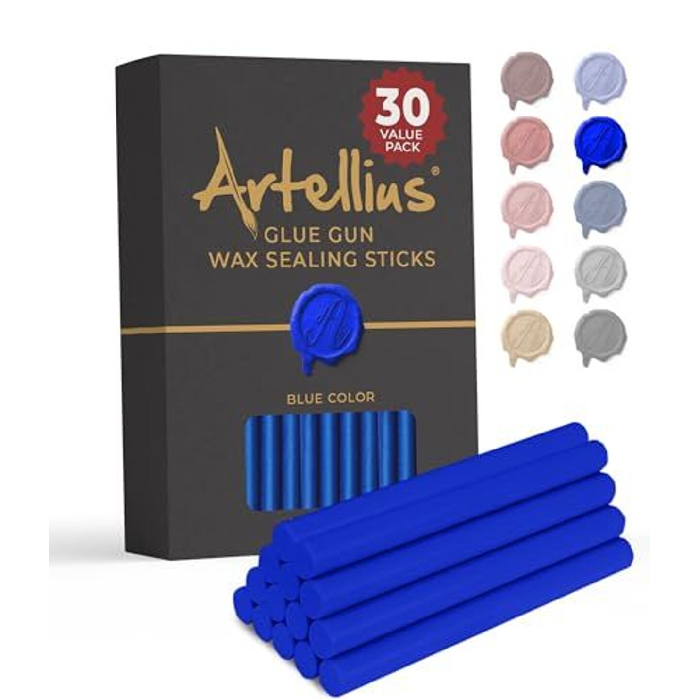 Artellius Premium Sealing Wax Sticks (Bulk 30 Pack) Wax Seal Glue Gun Sticks, Envelope Seal Wax for Stamp Seals - Perfect Wax Seal Sticks for Crafting, Invitations &#x26; Letters - Blue