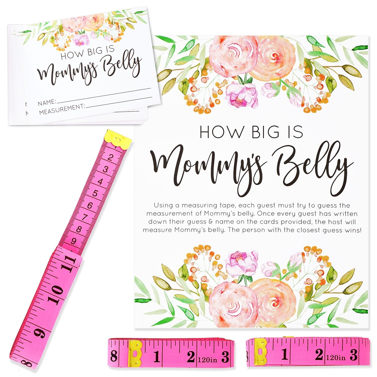 Baby Shower How Big is Mommys Belly Game with 24 Cards, 3 Pink Measuring Tapes, 1 Sign (28 Piece Set)