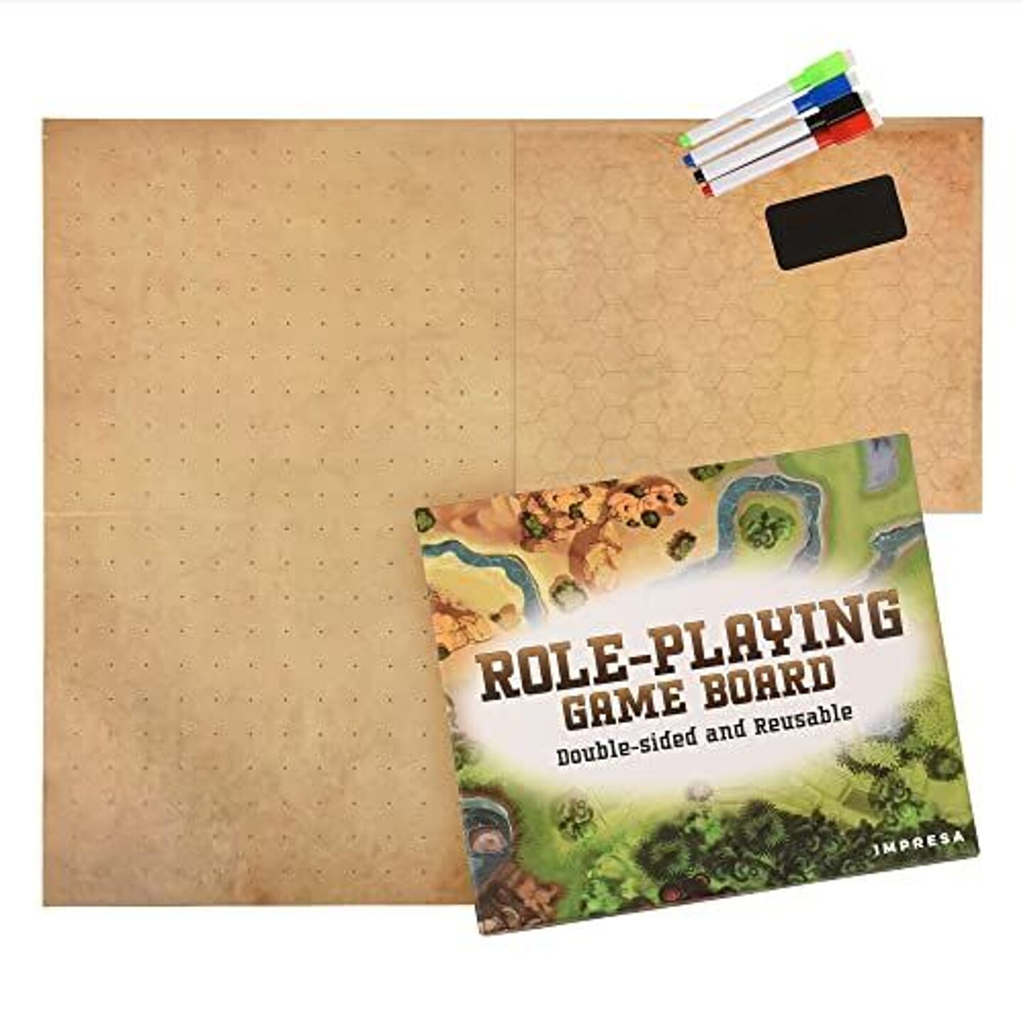 IMPRESA 27&#x22; x 23&#x22; Double Sided and Foldable Role Player Game Battle Grid Game Mat - for Dungeons and Dragons and Other RPGs - Double Sided - Includes Markers and Eraser