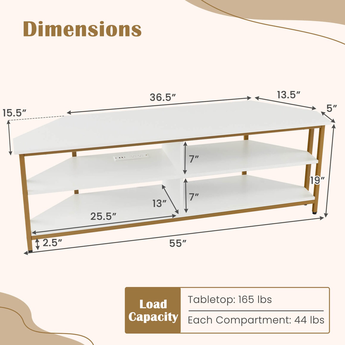 Costway Corner TV Stand for TVs up to 65&#x22; TV Console Table with AC Outlets&#x26;USB A Ports Rustic Brown/Black/White