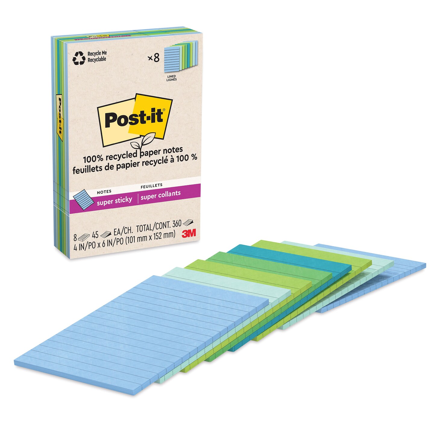 Post-it Super Sticky Notes, Carnaval Kleurencollectie, gevoerd, 101 mm x 101 mm, 90 vellen/pad, 6 pads/pak