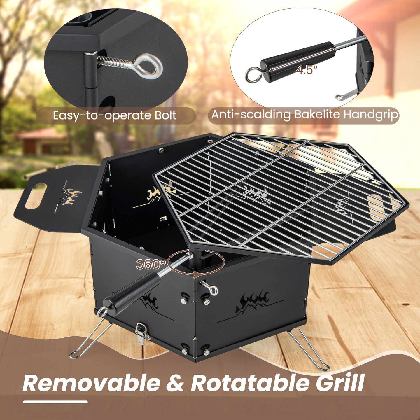 3-in-1 Portable Hibachi Charcoal Grill Carbon Steel &#x26; Stainless Steel