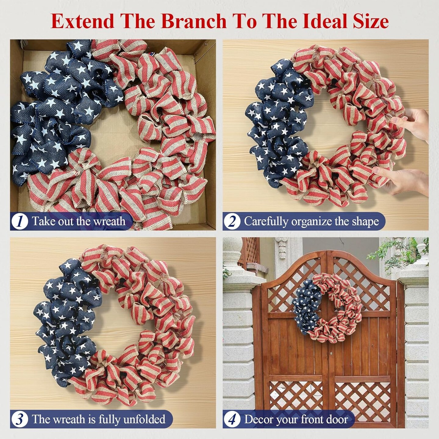 24 Inch Summer Patriotic Front Door Wreath, 4th July Independence Day Wreath America Patriotic Flag Burlap Farmhouse Decor, Memorial Day Americana Wreaths for Front Door Window Christmas Decor