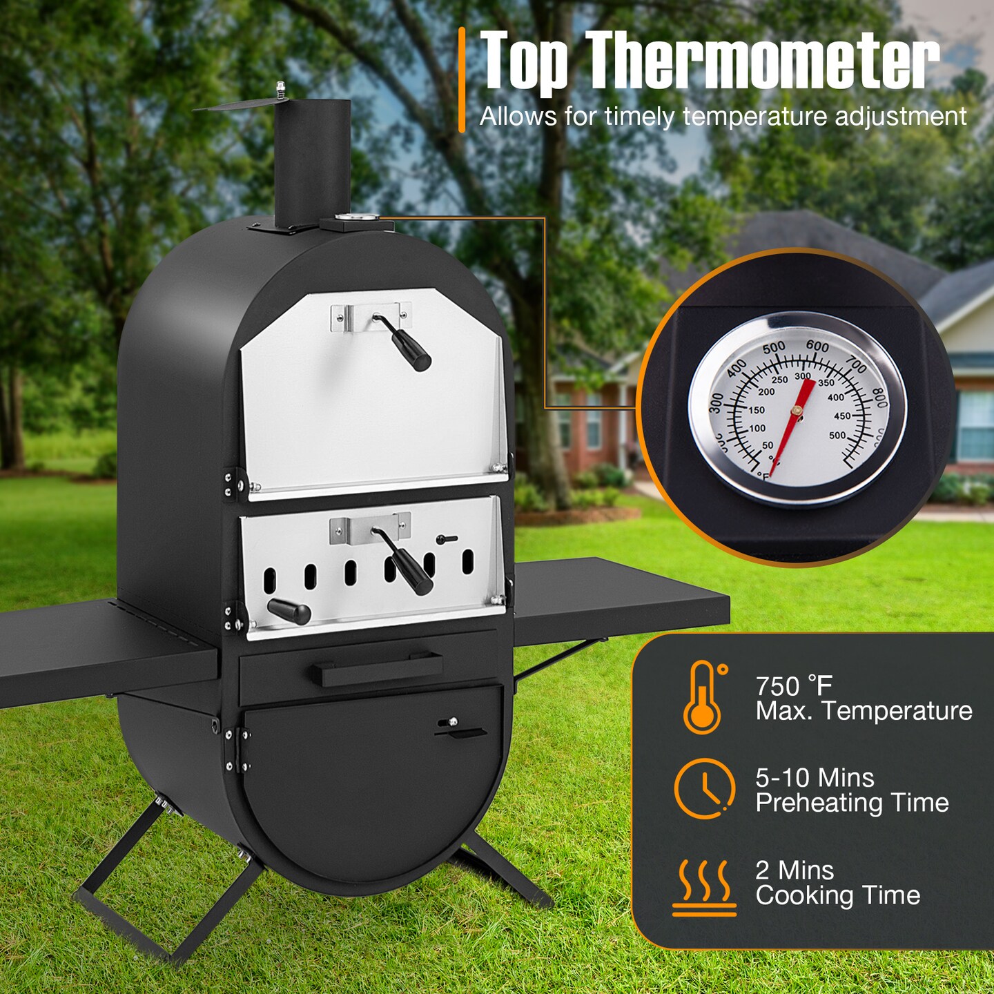Compact Outdoor Wood-Fired Pizza Oven with Thermometer, Dual Cooking Layers &#x26; Accessories