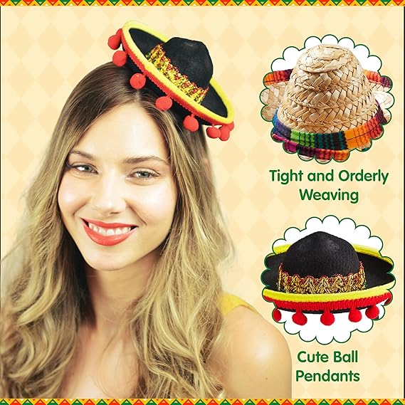 6 PCS Cinco De Mayo Fiesta Fabric and Straw Sombrero Headbands Party Costume for Fun Fiesta Hat Party Supplies, Luau Event Photo Props, Mexican Theme Decorations and Party Favors