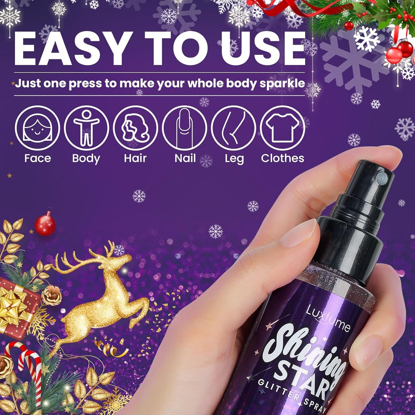 Body Glitter Spray&#xFF0C;Glitter Hairspray&#xFF0C;Purple Body Glitter Spray,Quick-Drying and Waterproof Glitter Hairspray,Nozzles are not Easily clogged&#xFF0C;Long-Lasting Body Shiny Spray for Stage Makeup, 3.38Oz
