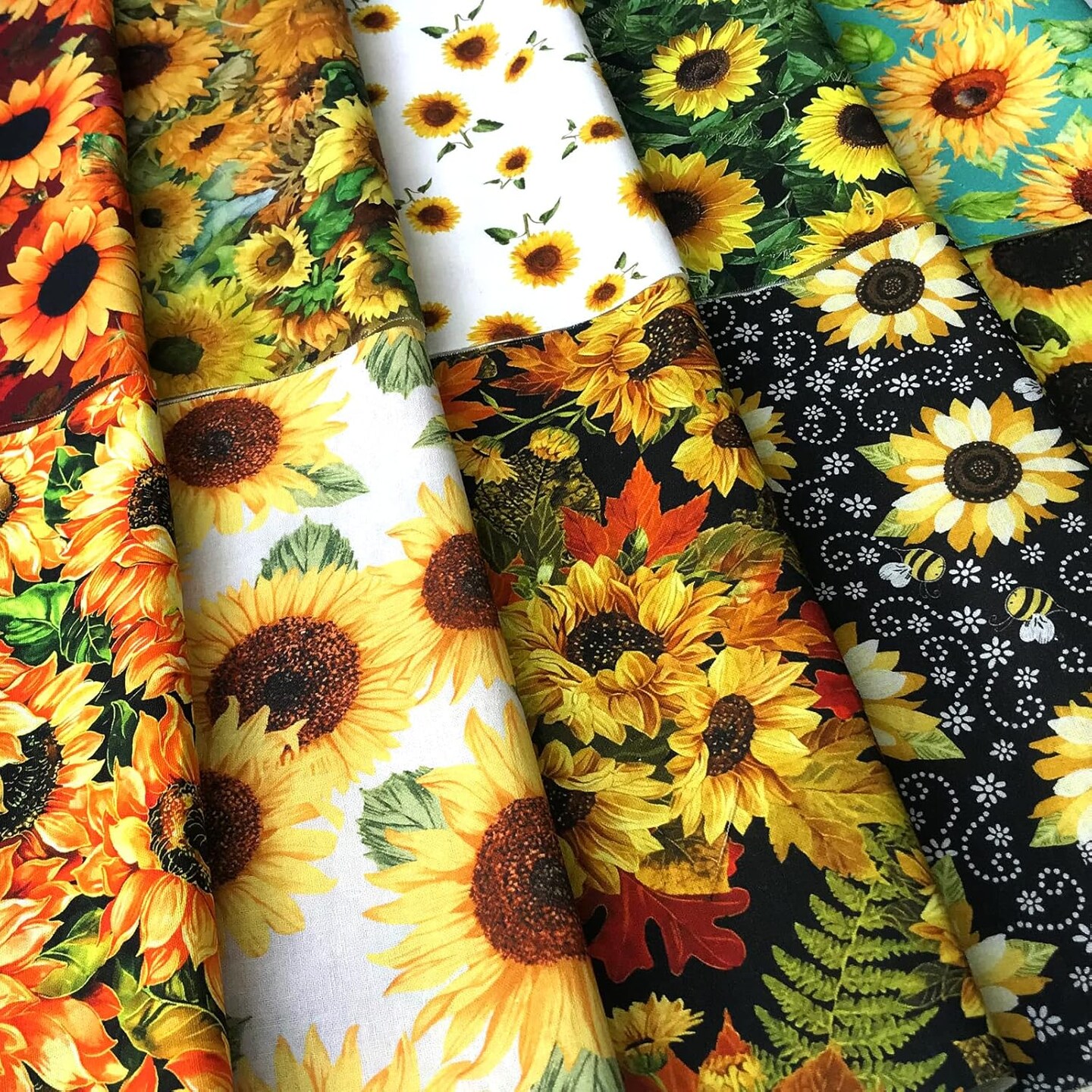 10 Pieces, Sunflower, 25x25cm,Quilting Fabric 100% Cotton Craft Fabric Bundle
