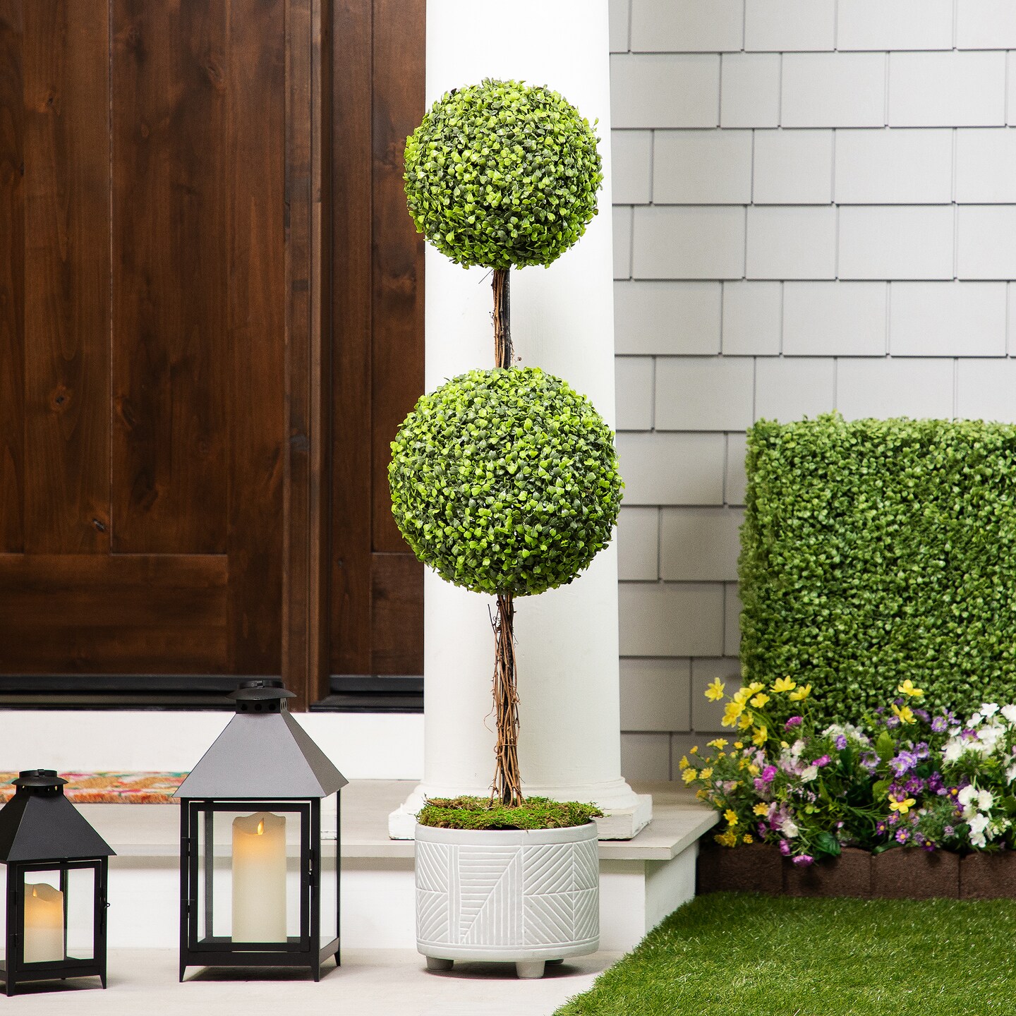 Northlight Two-Toned Double Sphere Artificial Boxwood Topiary Potted Plant - 48"