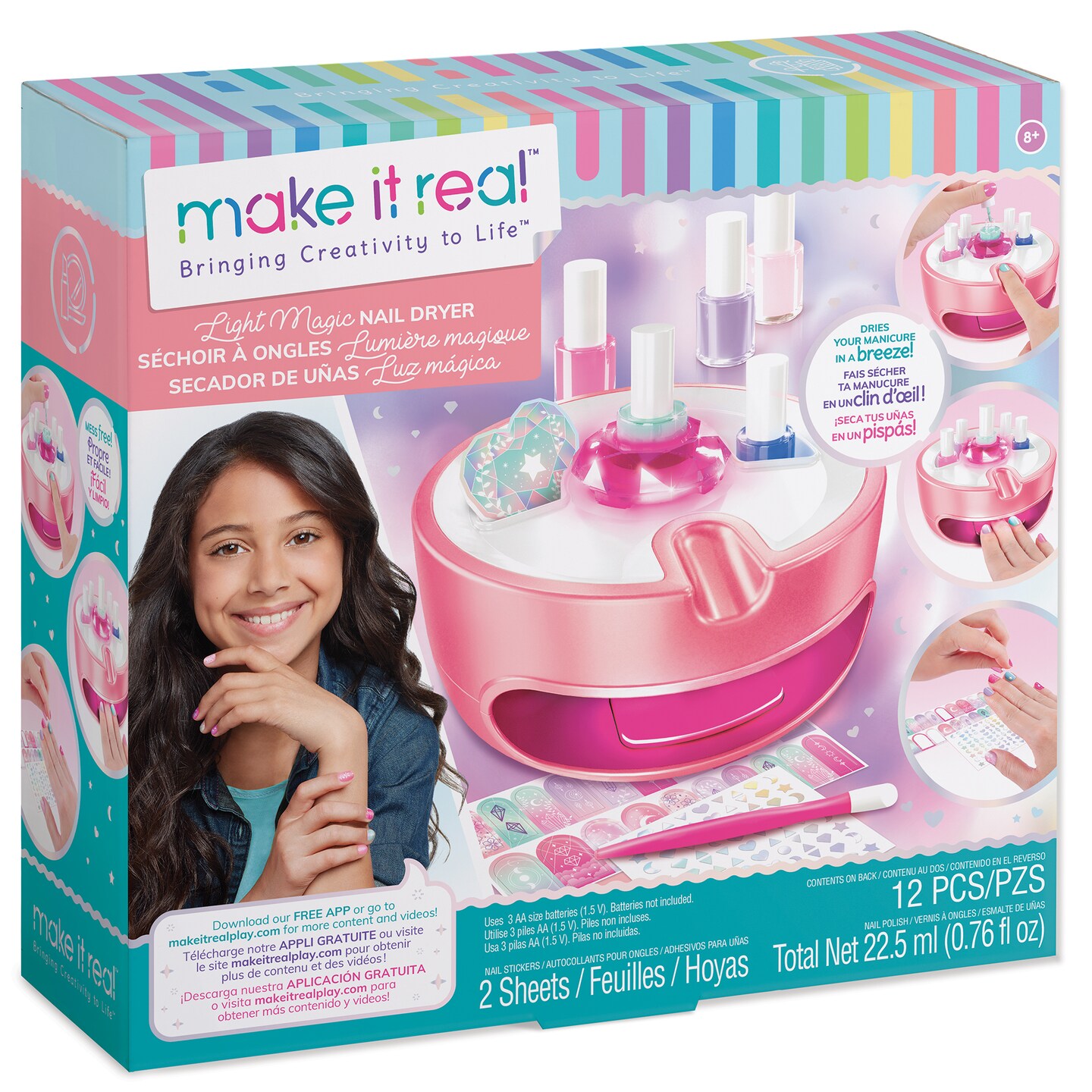 Make It Real: Light Magic Nail Dryer - Complete Nail Art Boutique, 12 Piece Set, At Home Manicure &#x26; Pedicure, Tweens &#x26; Girls, Dries Your Manicure In A Breeze, All-In-One Nail Kit, Kids Ages 8+