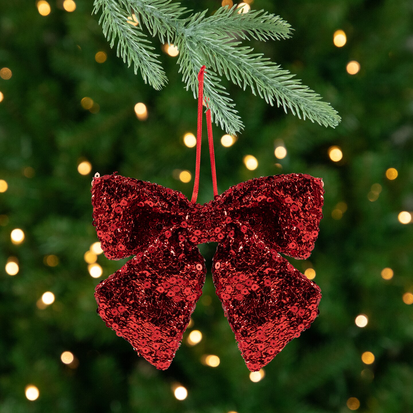 Northlight Shimmering Sequin Bow Christmas Hanging Ornament - 6" - Red