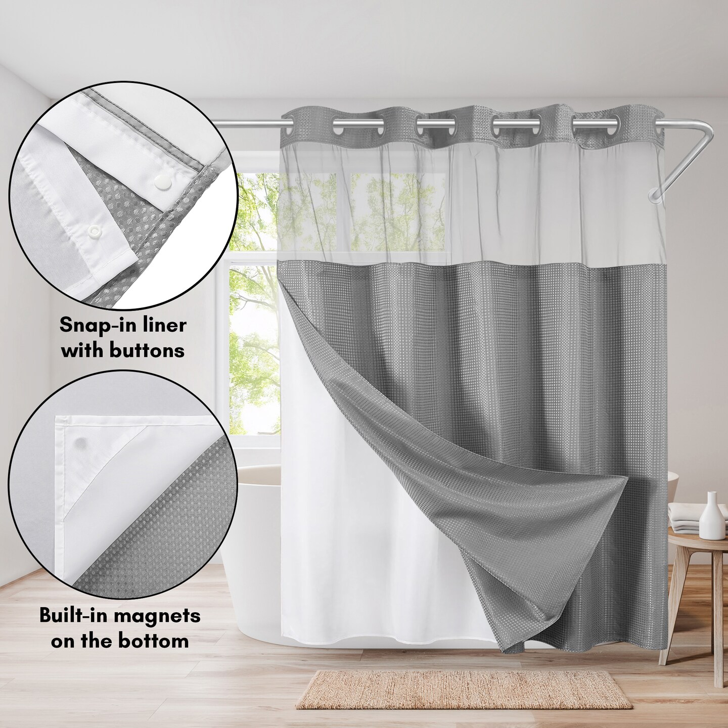 Americanflat 72x75 Hookless Waffle Pattern Shower Curtain - Water-Resistant Long Shower Curtain with Sheer Panel, Snap-In Liner, and Grommets