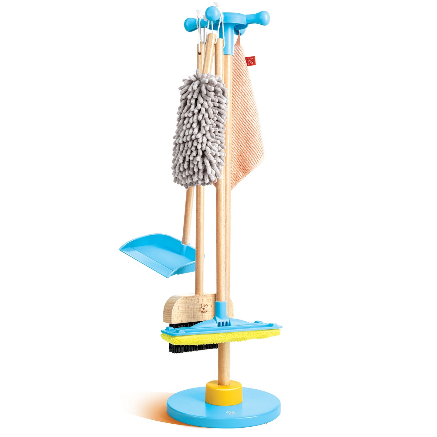 Hape: Clean Up Broom Set - 6pc, Yellow &#x26; Blue, Wooden Cleaning Toy Playset, Stand Holds Broom-Dustpan-Mop-Towel-Duster, Household Pretend Play, Kid 3+