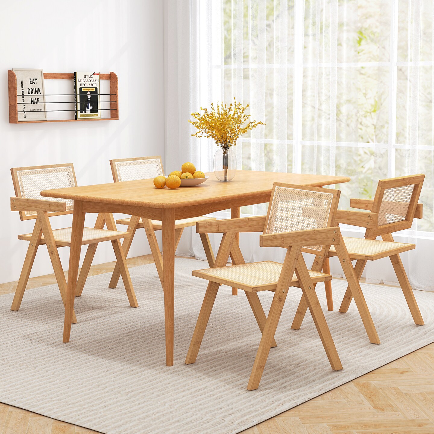 Costway Set of 2/4 Rattan Accent Chairs Mid Century Dining Armchair Bamboo Frame Kitchen Natural