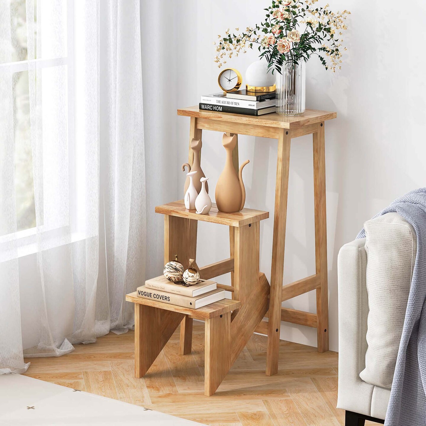 Costway 3 Tier Folding Step Stool 3-in-1 Rubber Wood Ladder Storage Shelf Coffee/Brown/Natural/White