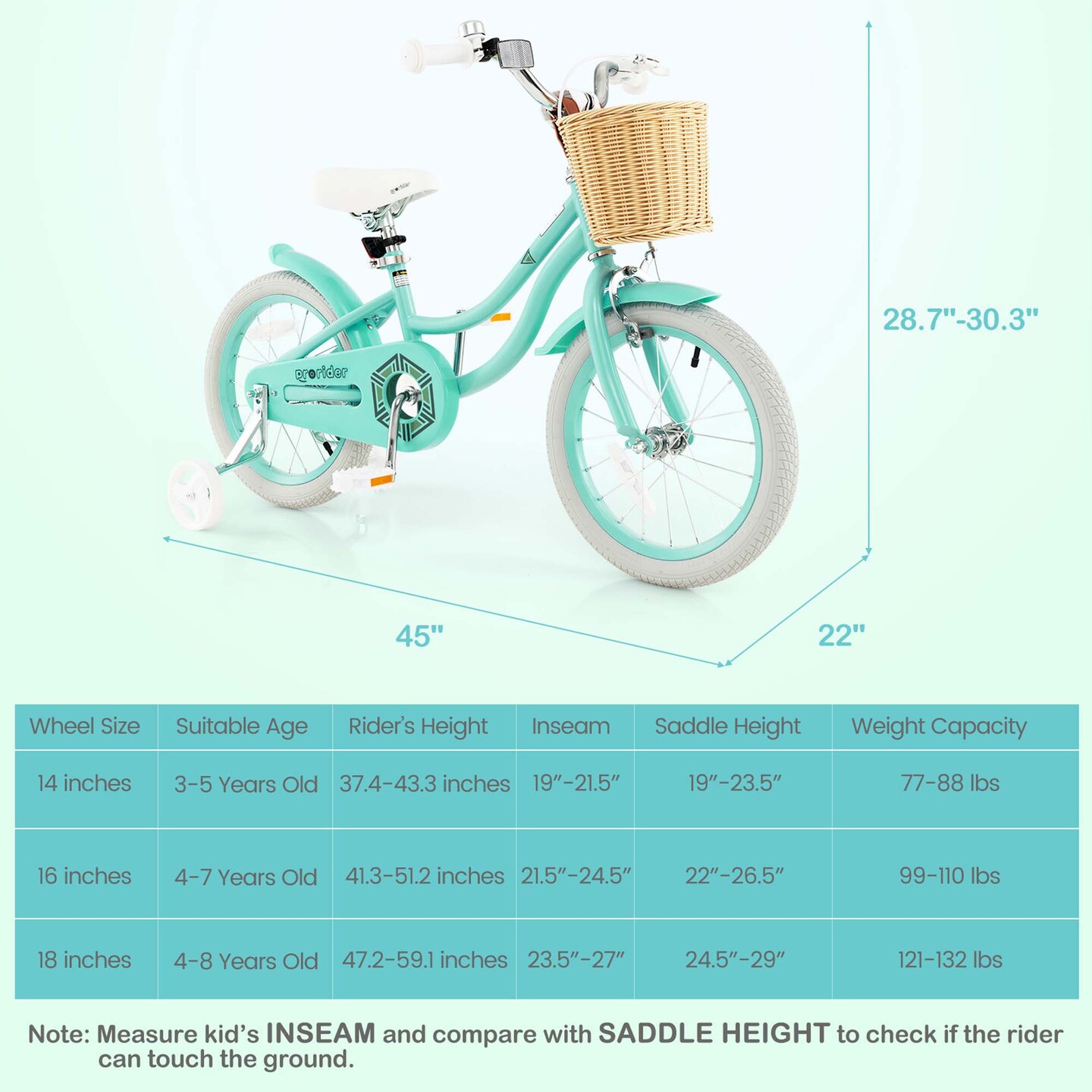 Prorider 16&#x22; Kid&#x2019;s Bike with Training Wheels Adjustable Handlebar Seat Handbrake Blue/Green/Pink