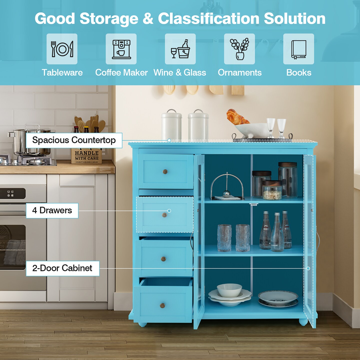Costway Buffet Sideboard Table Kitchen Storage Cabinet with Drawers &#x26; Doors Blue/White/Green