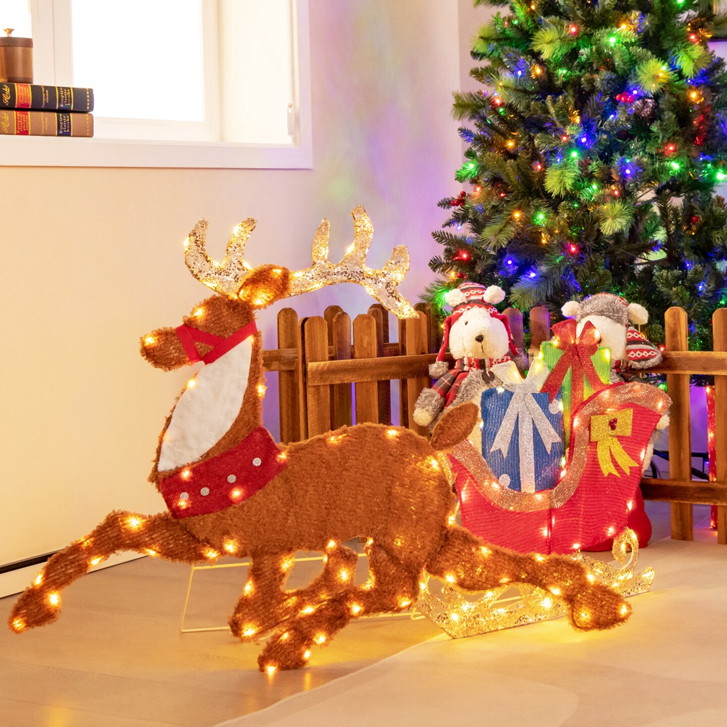 Costway Lighted 2D Christmas Reindeer and Sleigh Decoration Pre-Lit Glittered Decoration