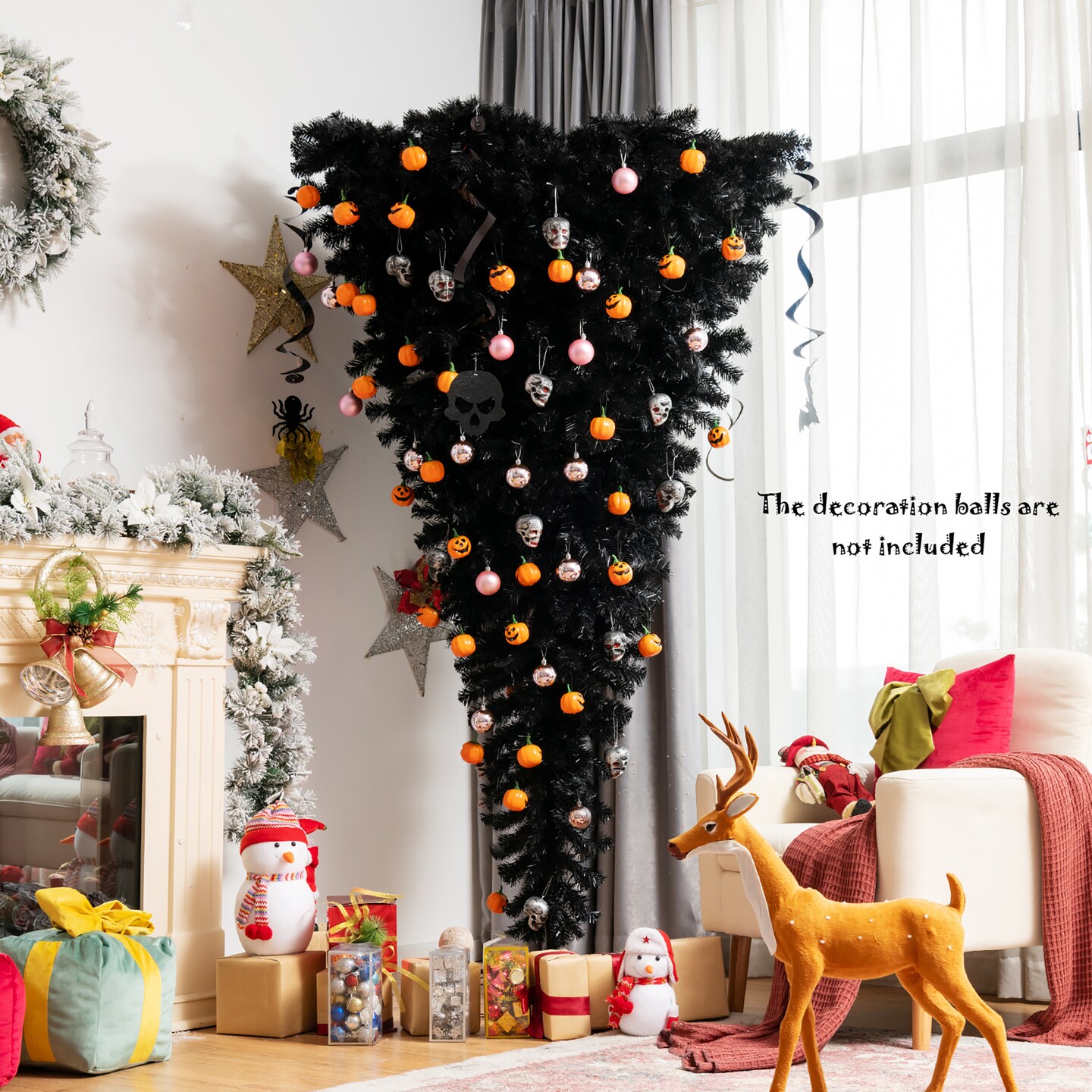 Costway 6ft Upside Down Christmas Halloween Tree Black w/270 Purple LED Lights