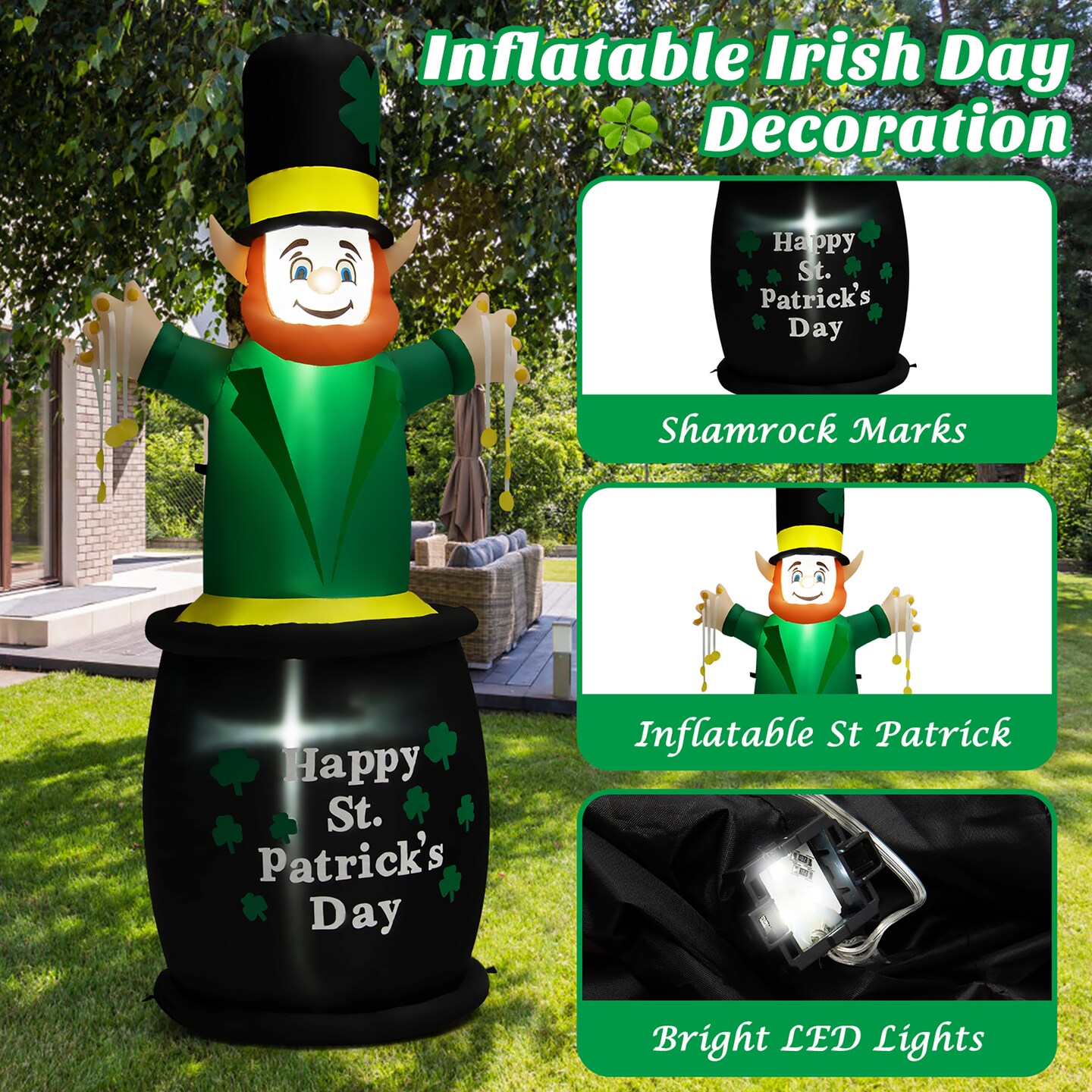 Costway 6 Ft St Patrick&#x27;s Day Inflatables Leprechaun w/ Gold Pot, Shamrock, LED Lights