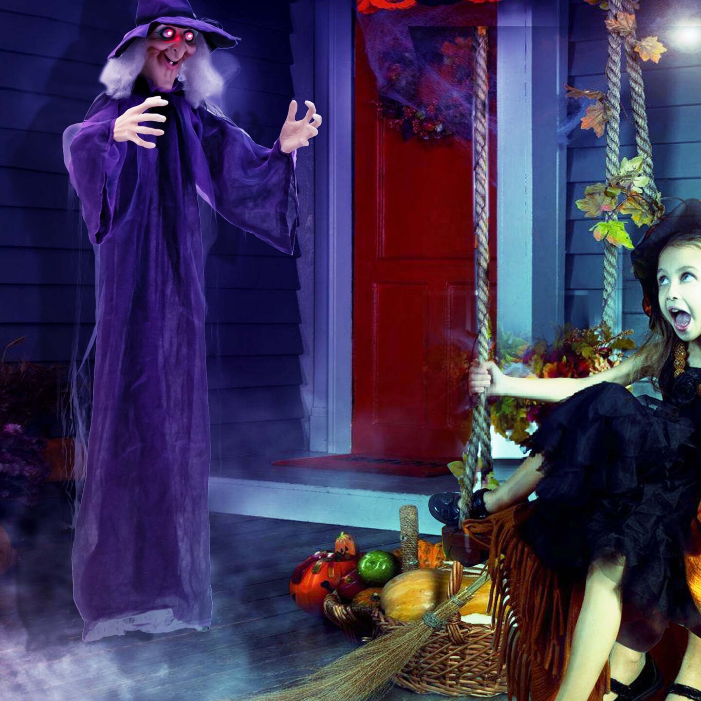 Costway 6 FT Halloween Animatronic Witch Hanging Decoration with Red Eyes &#x26; Posable Arms