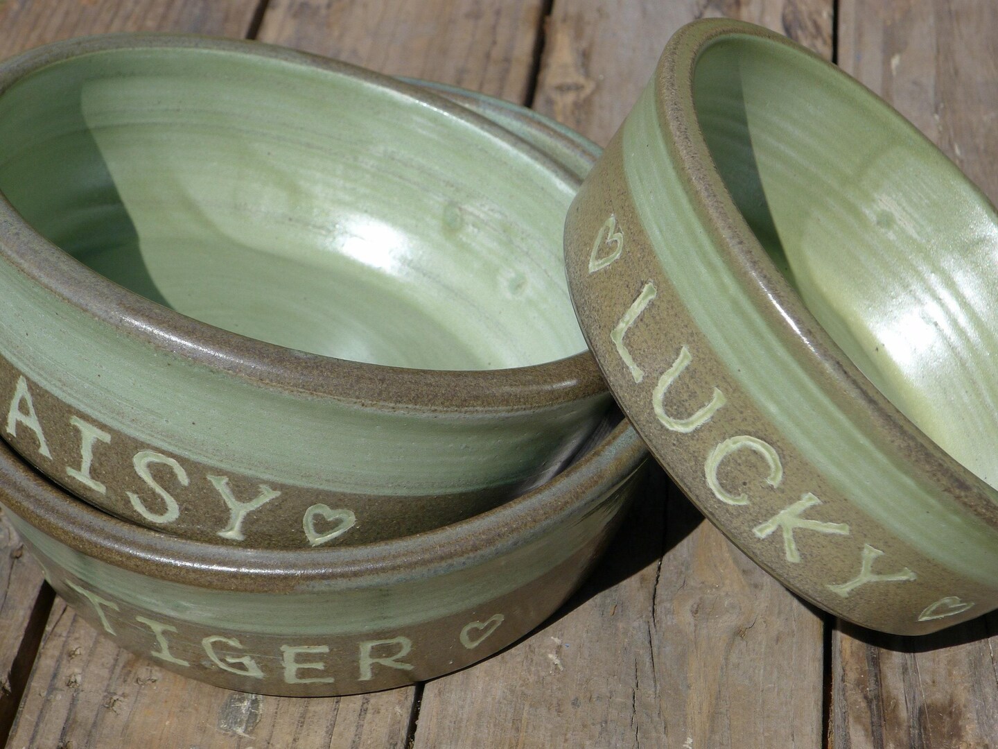 product name is Customized Ceramic Pet Bowl, Olive Green Stoneware Pet Bowls. Cat and Dog Bowls with Names. Three Sizes - 14, 19, 24 oz. Made to order.