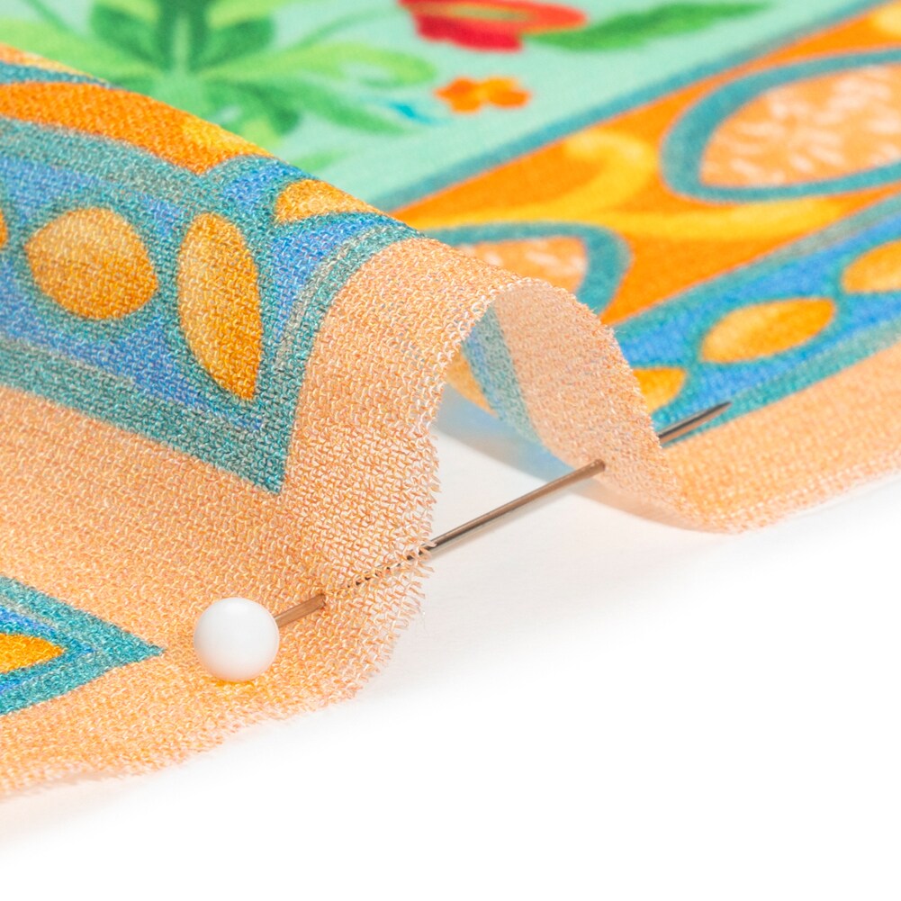 1 Yard Viscose Georgette Blue, Green and Orange Floral Squares Fabric