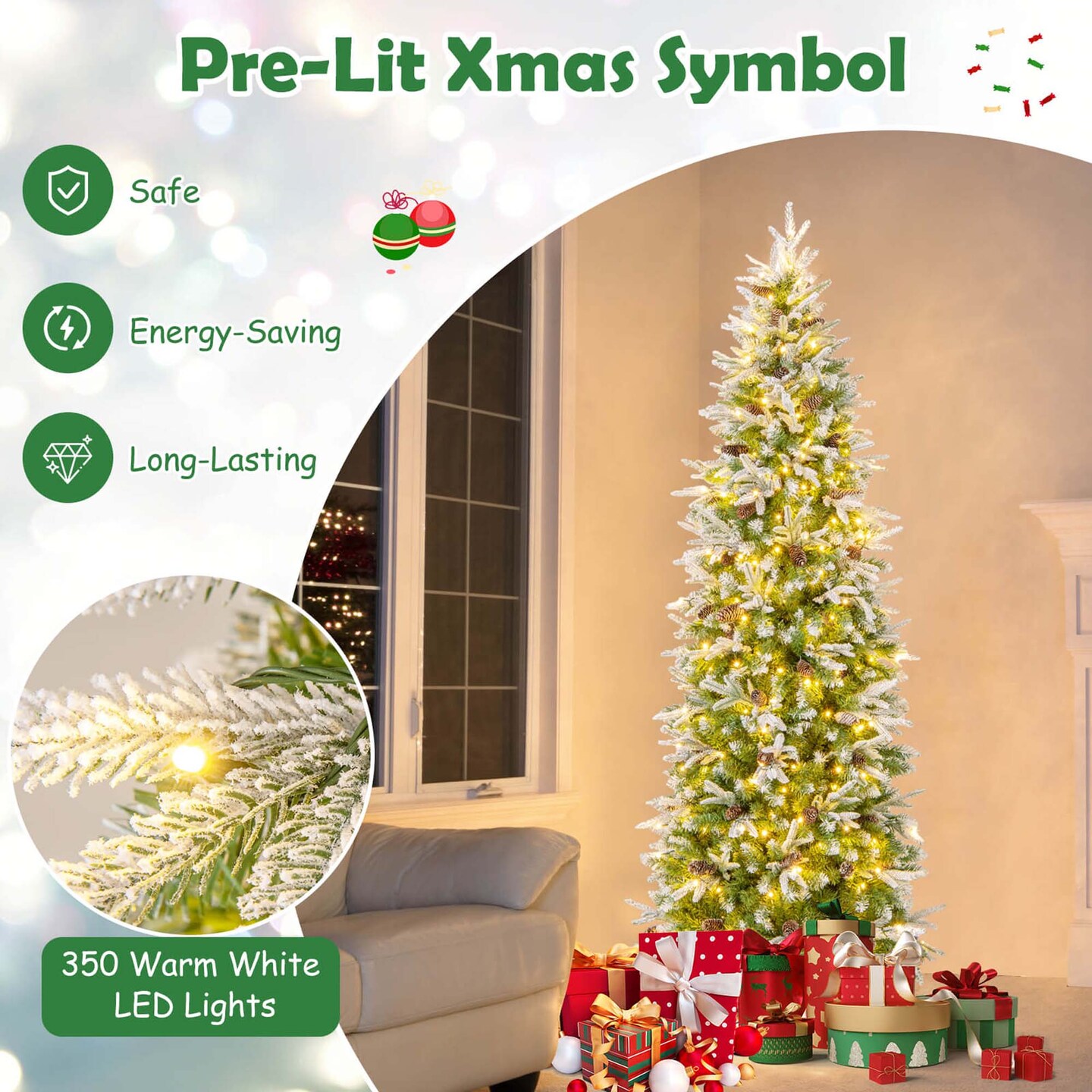 Costway 6/7.5/9 FT Flocked Christmas Tree with 671/913/1310 PE PVC Branch Tips 280/350/470 Warm White LED Lights