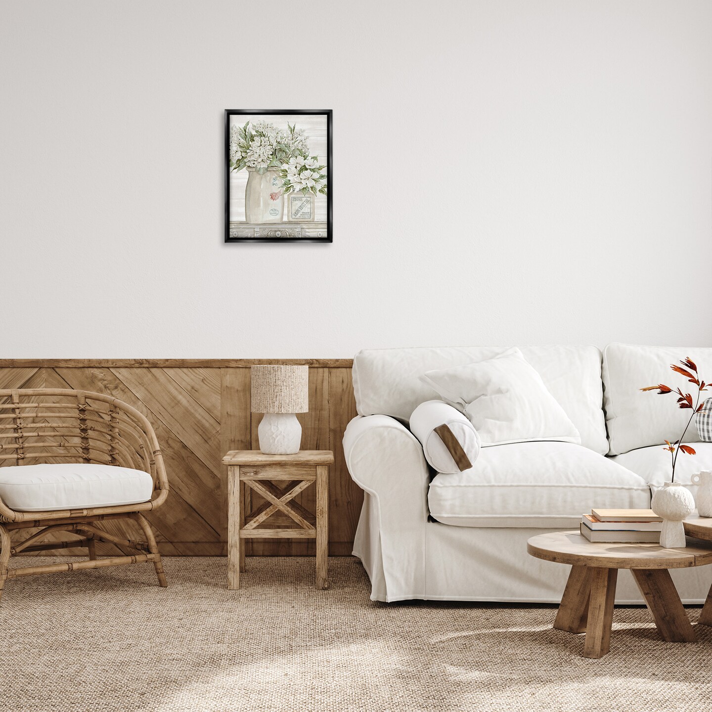 Stupell Industries Alluring White Floral Jars Framed Floater Canvas Wall Art