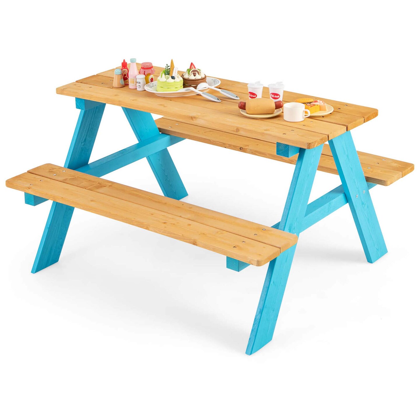 Costway Kids Picnic Table Set Children Outdoor Wooden Table with Bench Seats Backyard