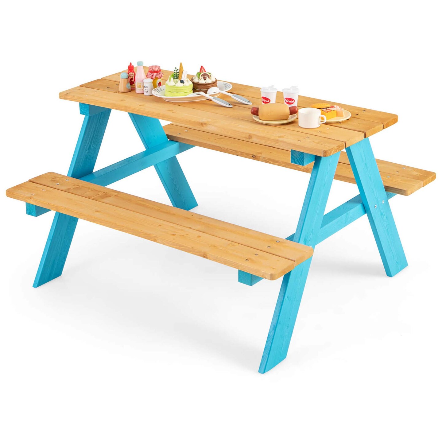 Kids Picnic Table Set Children Outdoor Wooden Table with Bench Seats Backyard