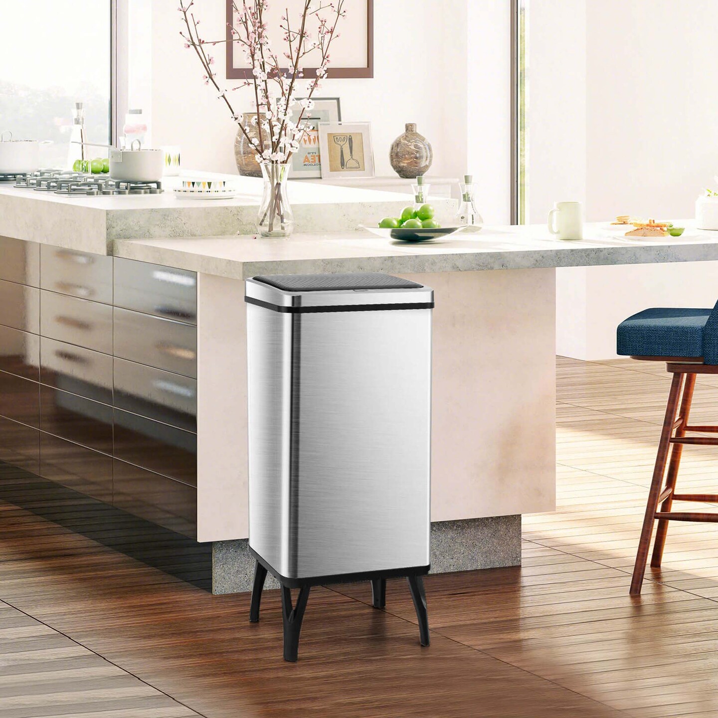 Costway Stainless Steel Trash Can 13.2 Gallon Automatic Motion Sensor Garbage Bin Silver/Black