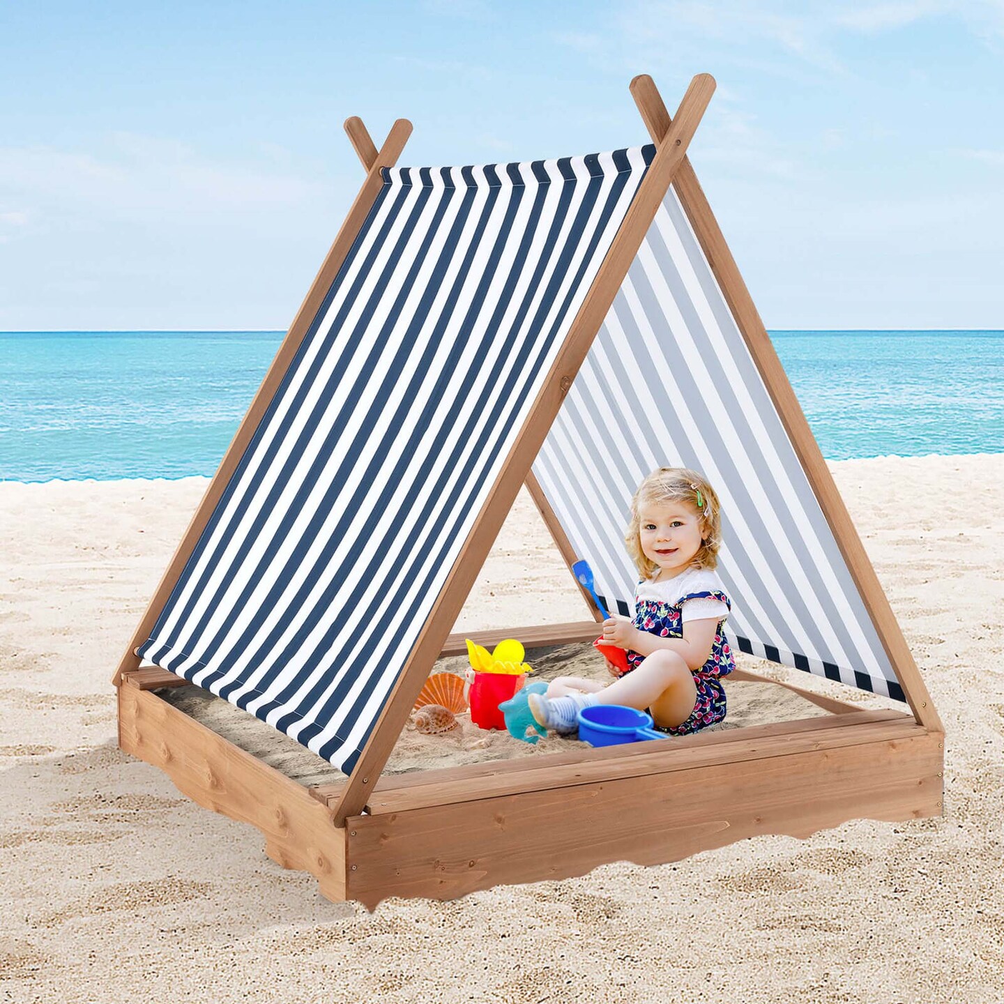 Costway Wooden Sandbox with Canopy Tent Design Fir Wood Frame 2 Bench Seats Bottom