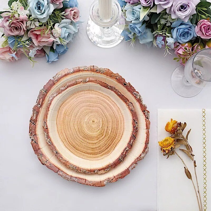 25 Natural 7 in Round Disposable Paper PLATES Wood Slice Design Party Events