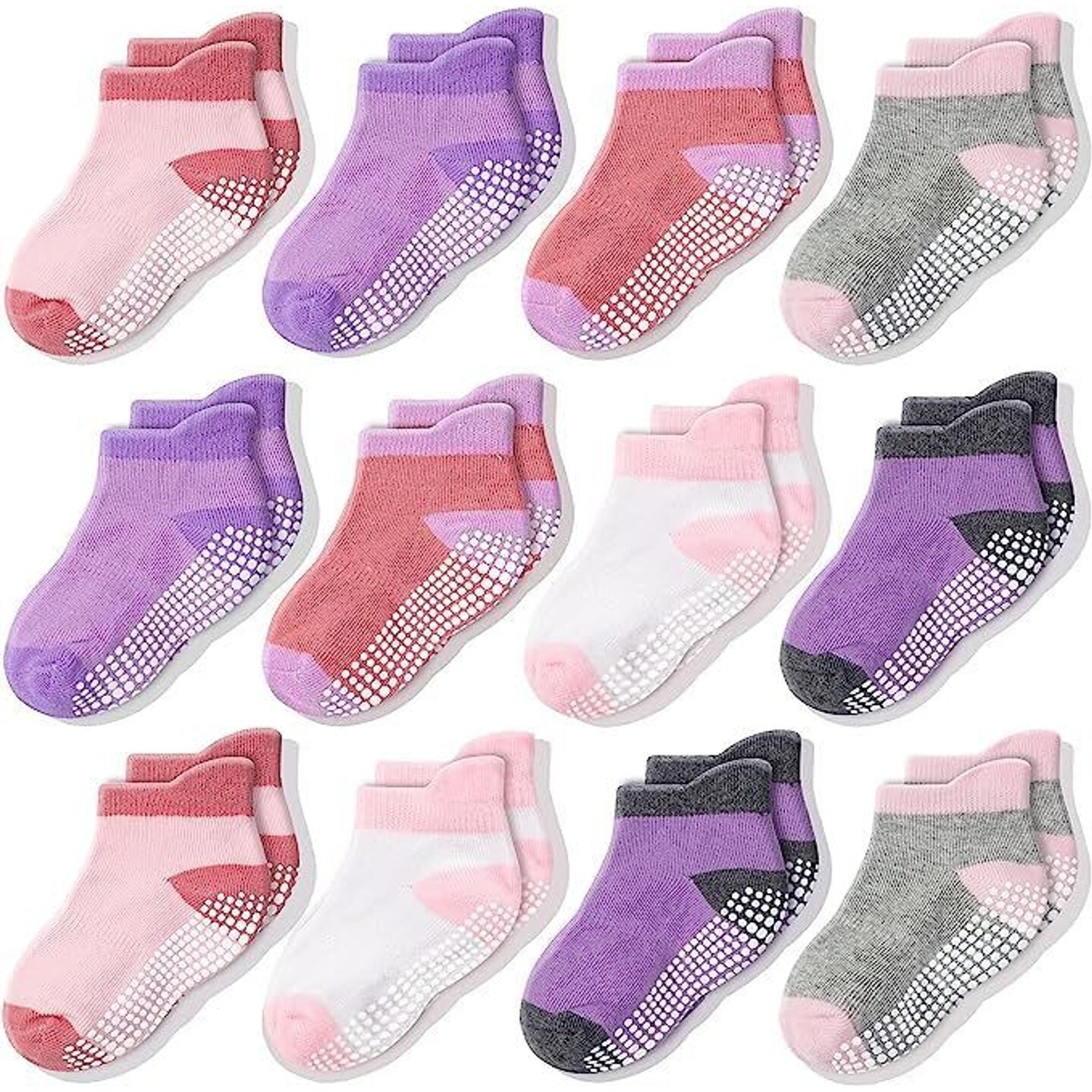 CozyWay Baby Girl Socks with Grippers Non Slip Ankle Grip Socks For Babies Comfy Soft Cotton Infant - 6-12 Months Multi Color Pink - 12 Pack