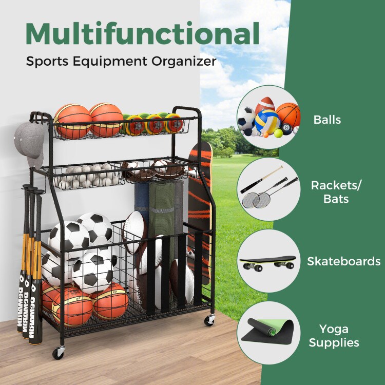 Rolling Sports Equipment Organizer &#x2013; Multi-Storage Rack with Bins