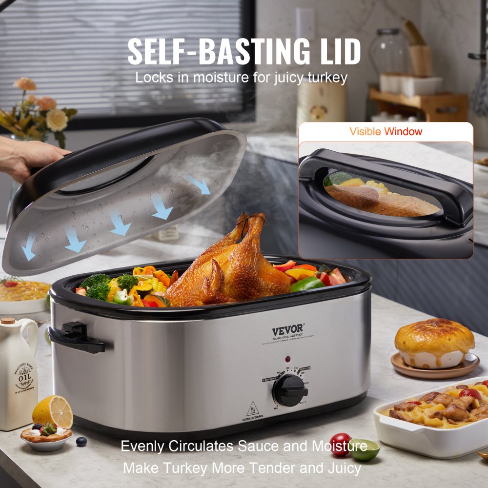 Stainless Steel Roaster Oven 18–22 QT, 1450W with Self-Basting Lid
