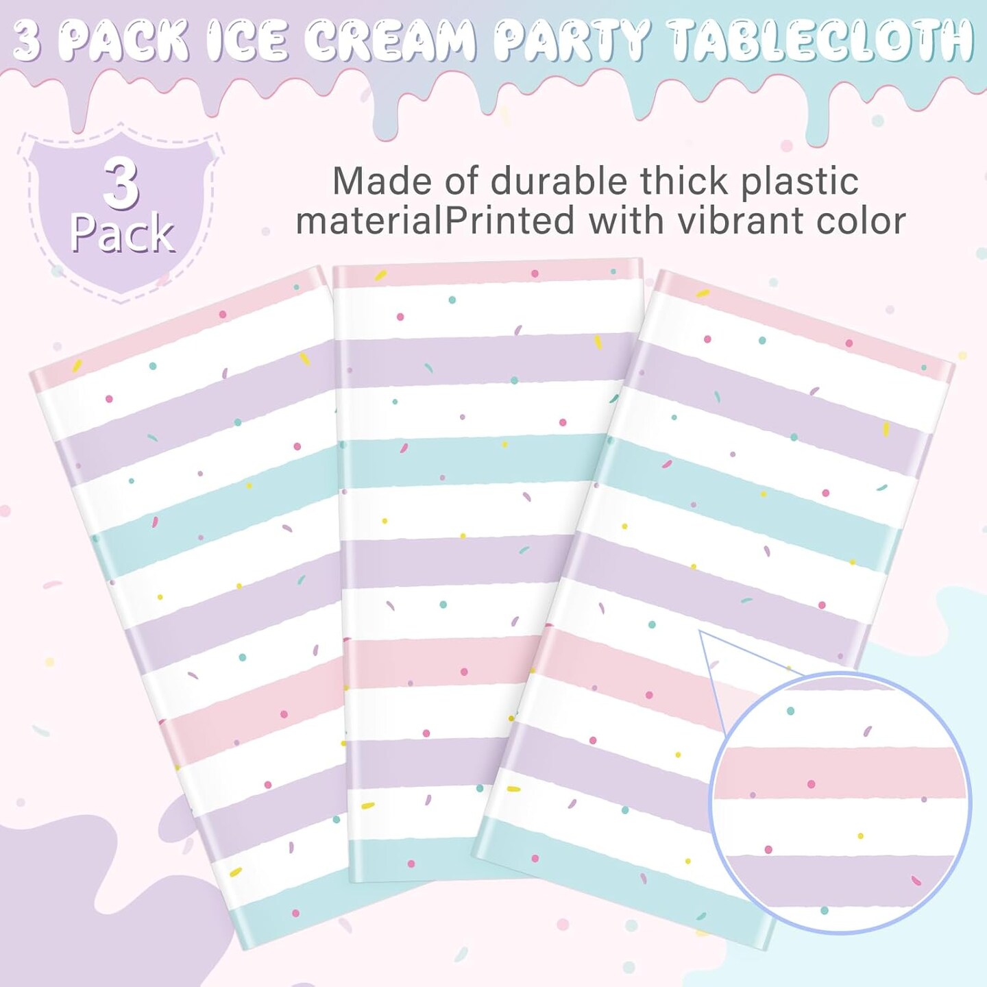 3 Pack Sprinkle Ice Cream Tablecloth Party Decorations, Ice Cream Birthday Plastic Party Supplies, Donut Disposable Rectangle Table Cover for Kids Girls Sweet One Birthday Baby Shower, 54 x 108 Inch
