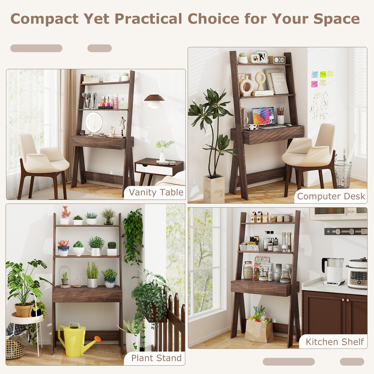 Costway Home Office Ladder Desk Wall-Leaning Laptop Workstation with Storage Shelves Natural/White/Walnut