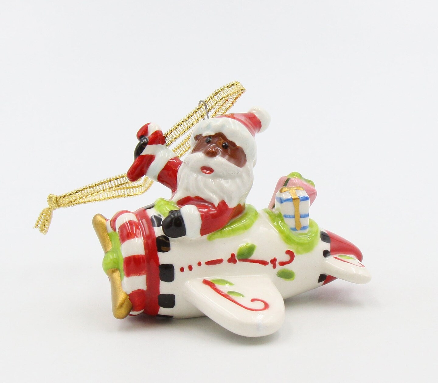 Ceramic African American Santa Flying Airplane Ornament, Gift for Pilot, Home D&#xE9;cor, Gift for Her, Mom, Kitchen D&#xE9;cor, Christmas D&#xE9;cor